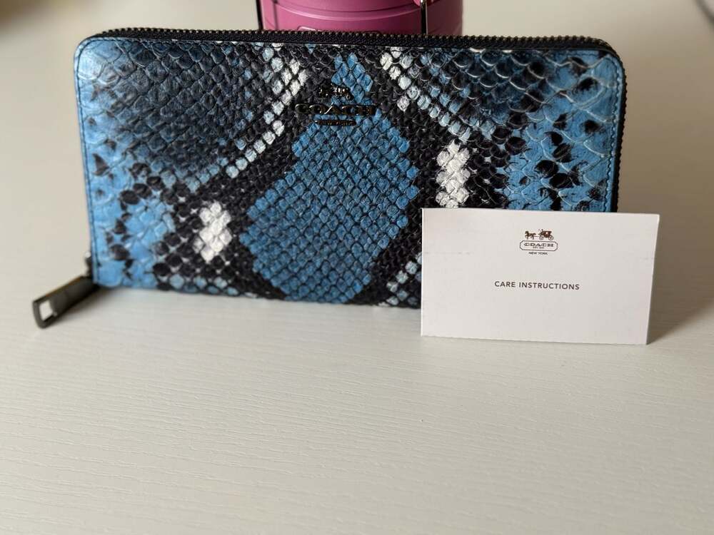 Coach Accordion Zip Around Wallet in Blue and Black Snakeskin Embossed Leather